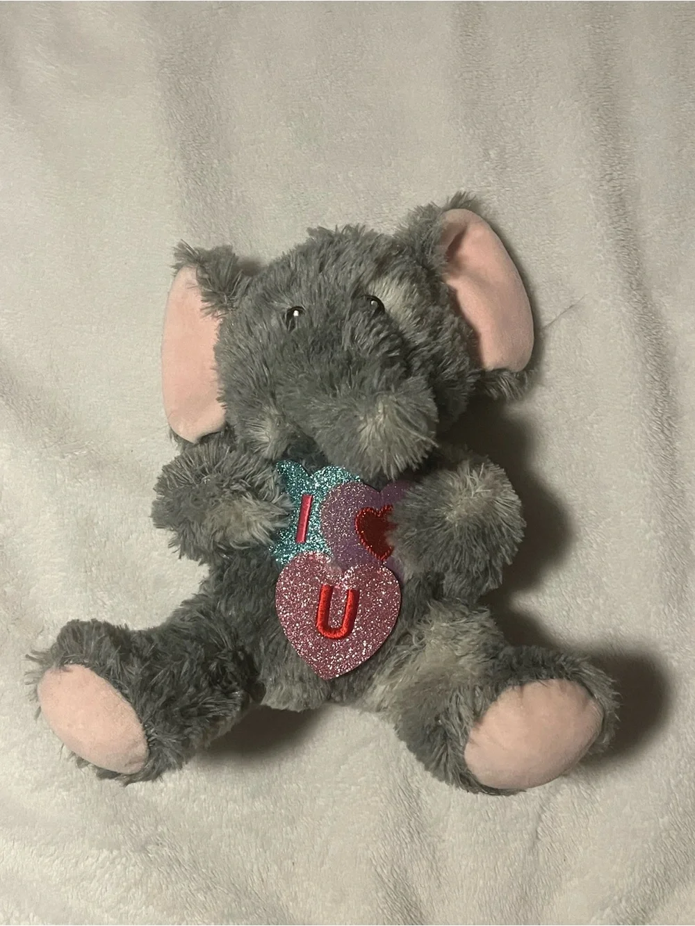 Plush Gray Elephant Stuffed Toy with Pink Accents - I Heart U